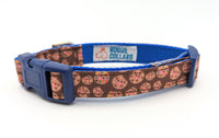XS candy cookie dog collar in 5/8" width royal blue nylon and navy blue plastic hardware. Including a white label inside with Rogue Collars logo on it.