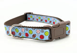All-Star Sports Ball dog collar featuring baseball, basketball, football, soccer, tennis, and volleyball on a light blue ribbon with a brown plastic buckle.