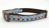 All-Star Sports Ball dog collar featuring baseball, basketball, football, soccer, tennis, and volleyball on a light blue ribbon with a brown plastic buckle.