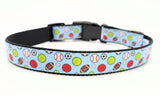All-Star Sports Ball dog collar featuring baseball, basketball, football, soccer, tennis, and volleyball on a light blue ribbon with a black plastic buckle.