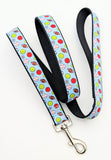 Matching All-Star Sports Ball ribbon dog leash in the light blue multi-sport ball pattern with a heavy-duty snap hook.