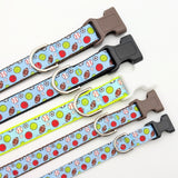 A lineup of multiple All-Star Sports Ball dog collars showing the light blue multi-sport ribbon on different colored nylon webbing bases.