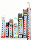 A lineup of multiple All-Star Sports Ball dog collars showing the light blue multi-sport ribbon on different colored nylon webbing bases.