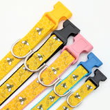 Bumblebee ribbon dog collars shown across XS to Large sizes with assorted webbing backing colors