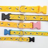 Bumblebee ribbon dog collars shown across XS to Large sizes with assorted webbing backing colors