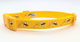 Large wide dog collar featuring bumblebee ribbon with heavy-duty hardware