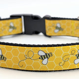 Medium dog collar with bumblebee patterned ribbon sewn onto sturdy webbing backing
