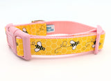 Small dog collar featuring bumblebee print ribbon with side-release buckle and D-ring