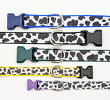 A lineup of handmade Holy Cow! cow print dog collars in sizes XS, Small, Medium, and Large, showing the black and white bovine pattern on shimmering satin ribbon with durable nylon backing.