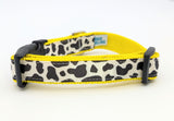 Handmade Holy Cow! dog collar featuring a black and white cow spot print on a satin ribbon, shown on a yellow nylon base with a black plastic buckle.