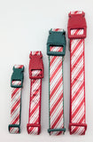 Set of candy cane striped dog collars with red and green buckles on a white background