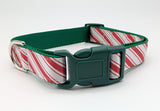 Dog collar with candy cane pattern and green buckle on a white background