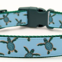 dog collar with light blue ribbon with sea turtles on it. Dog collar has green nylon under the ribbon and a green buckle.