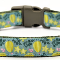 star fruit dog collar. Dog collar with light green ribbon that has whole star fruit and slices, along with green leaves and pink flowers. The collar is made with olive nylon behind the ribbon and an olive plastic side release buckle.