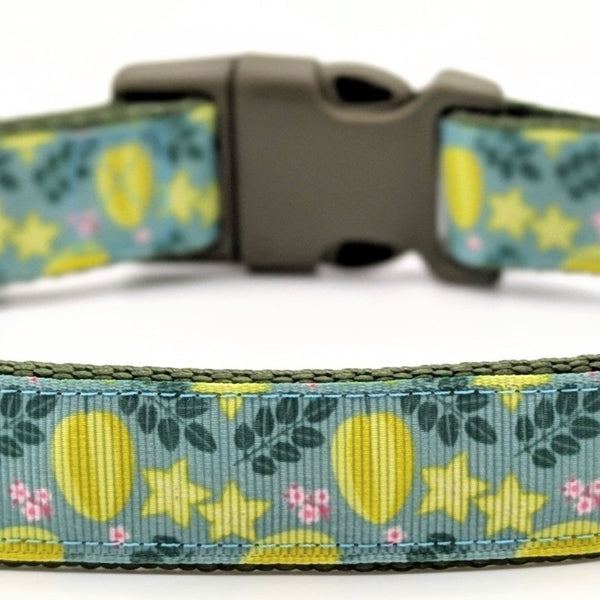 star fruit dog collar. Dog collar with light green ribbon that has whole star fruit and slices, along with green leaves and pink flowers. The collar is made with olive nylon behind the ribbon and an olive plastic side release buckle.
