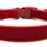 Red velvet dog collar with red nylon underneath and a red buckle. Image is on a plain white background.