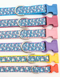 A collection of Spring Bunny Floral dog collars in various widths from 5/8 inch to 1 inch, showing the rabbit pattern scale.
