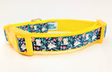 Handmade Spring Bunny Floral dog collar featuring white rabbits and flowers on a dark turquoise background with a side-release buckle.