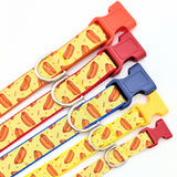 Assortment of XS to Large dog collars in yellow hotdog ribbon with red accents shown on different webbing backing colors