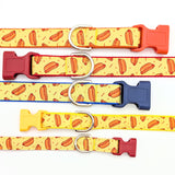 Assortment of XS to Large dog collars in yellow hotdog ribbon with red accents shown on different webbing backing colors