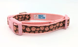 Small candy cookie dog collar in 3/4" width light pink nylon and light pink plastic hardware. Including a white label inside with Rogue Collars logo on it.