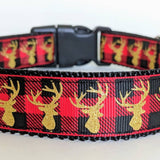 Red Buffalo Plaid with Gold Deer Dog Collar